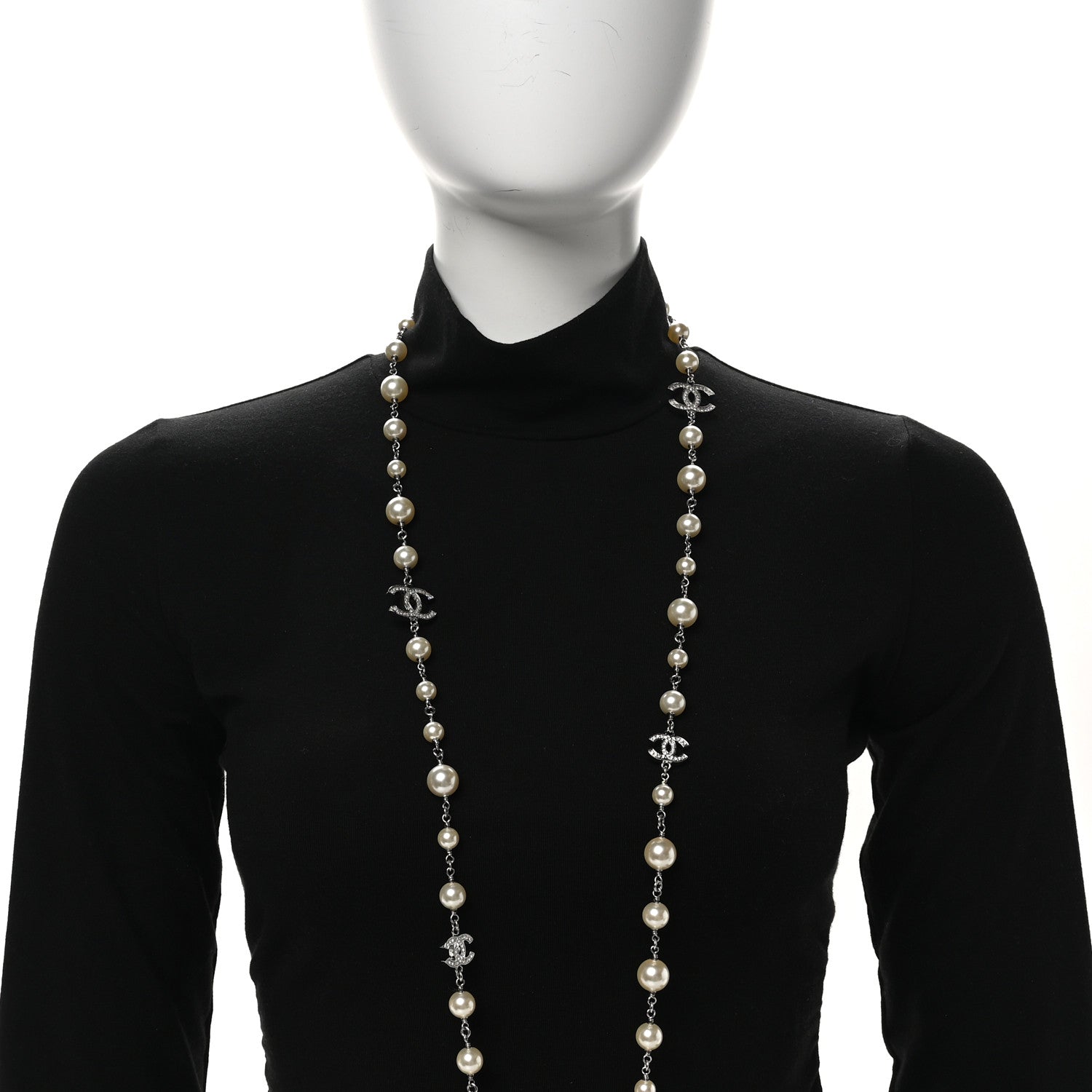 Chanel Graduated Pearl Crystal CC Long Necklace Silver 2 of 4