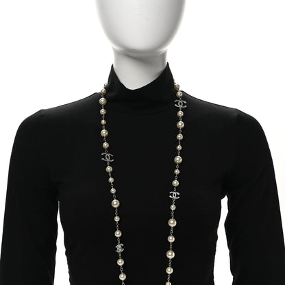 Chanel Graduated Pearl Crystal CC Long Necklace Silver 2 of 4