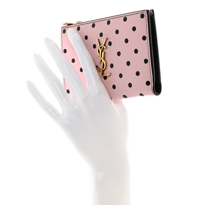 Saint Laurent Calfskin Polka Dot Monogram Bi Fold Zipped Wallet Pink Black 2 of 7