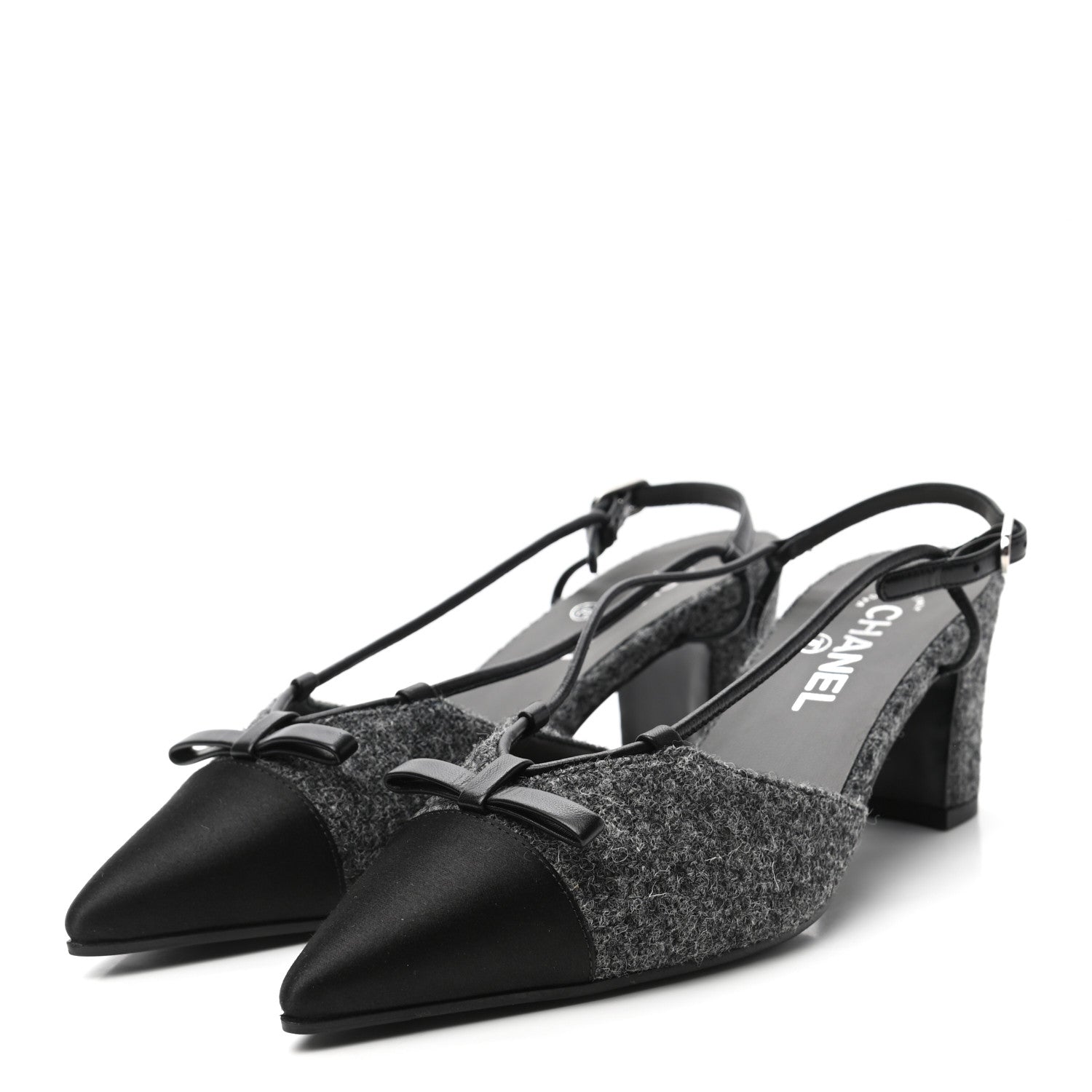 product image of CHANEL Tweed Satin Cap Toe CC Slingback Pumps 39.5 Black Grey FASHIONPHILE