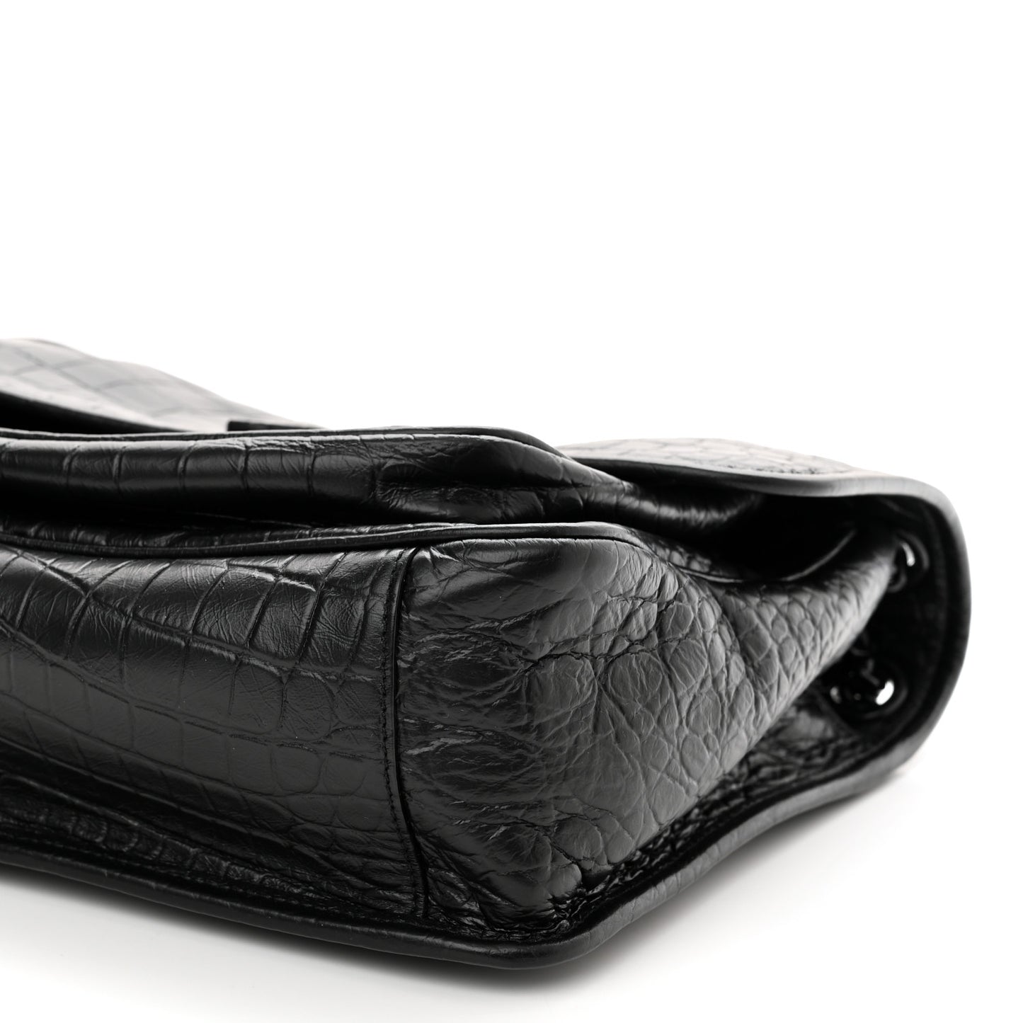 Crinkled Calfskin Crocodile Embossed Monogram Medium Niki Chain Satchel Black