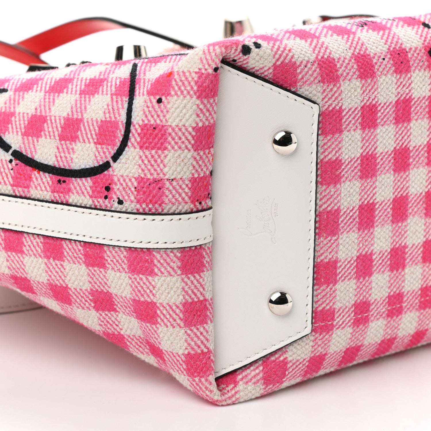 Christian Louboutin Canvas Gingham Printed Mini Frangibus Tote Pink White 9 of 10