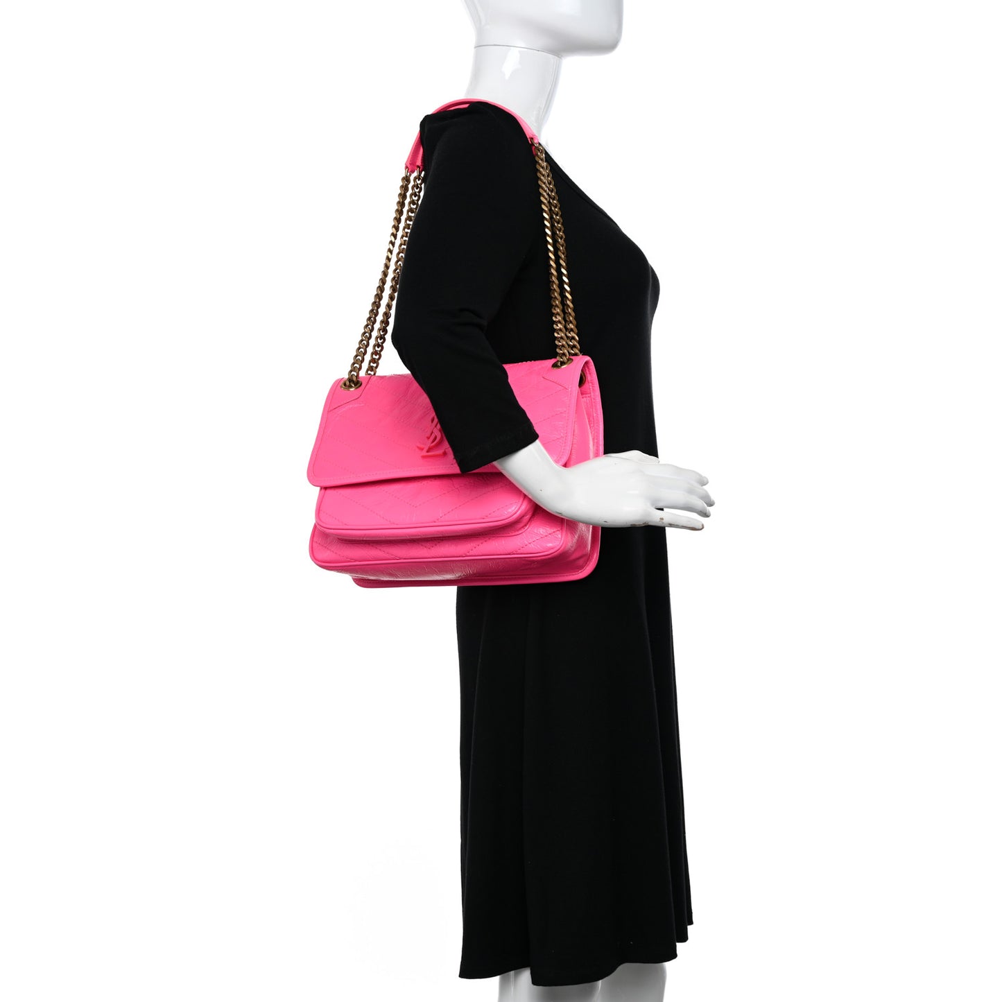 Crinkled Calfskin Matelasse Monogram Medium Niki Chain Satchel Rose Glow