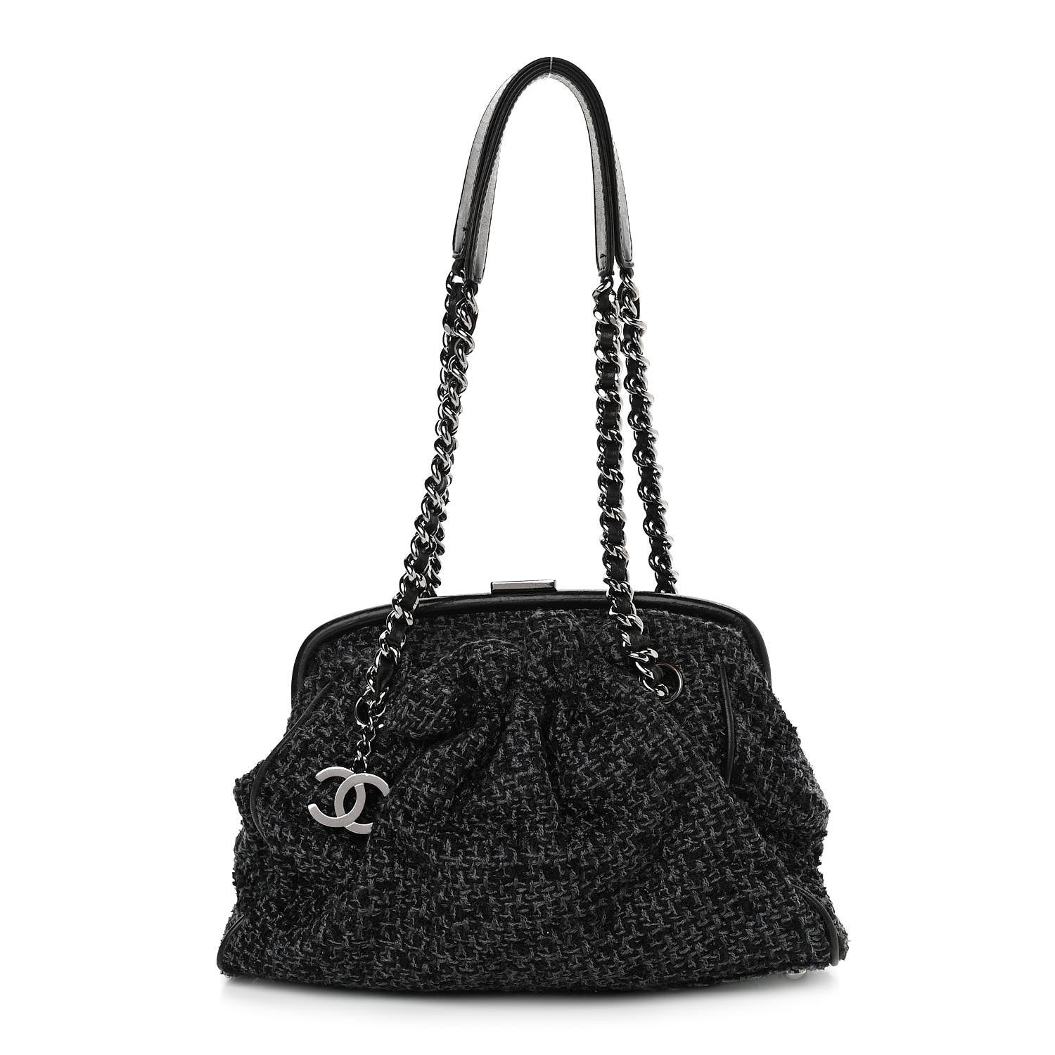 Chanel Tweed Paris NY Framed Pleated Pouch Bag Grey 1 of 12