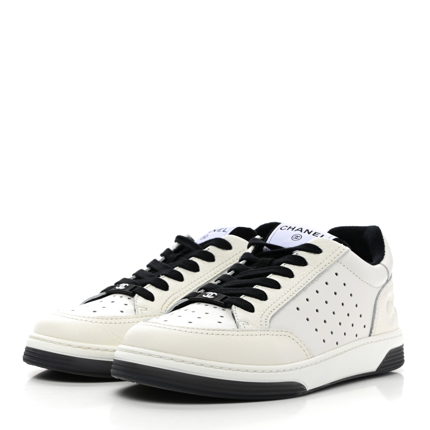 Grained Calfskin Fabric Womens Logo Sneakers 38.5 White Black