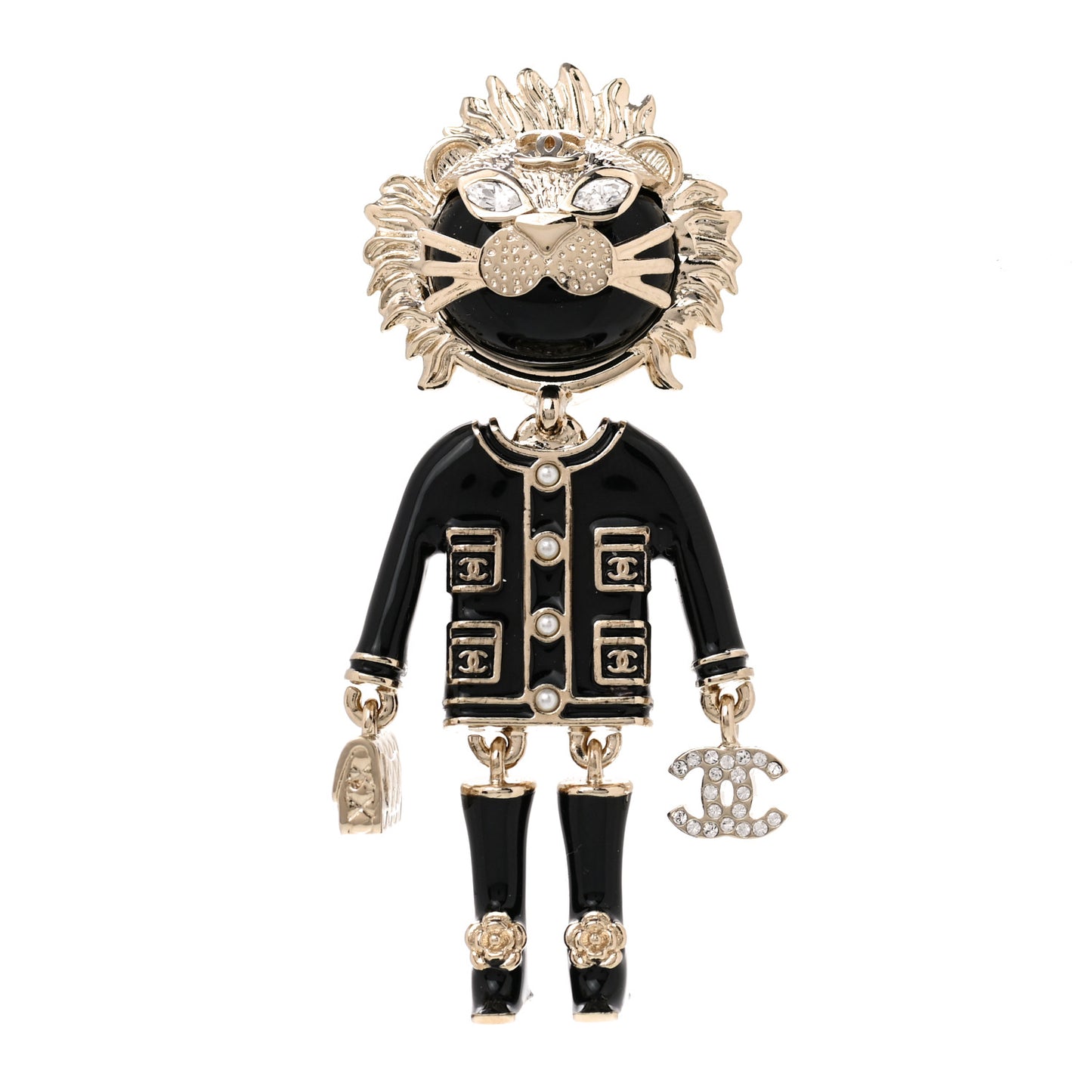 Enamel Crystal Pearl CC Lion Brooch Black White