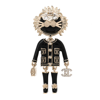 Chanel Enamel Crystal Pearl CC Lion Brooch Black White 1 of 5