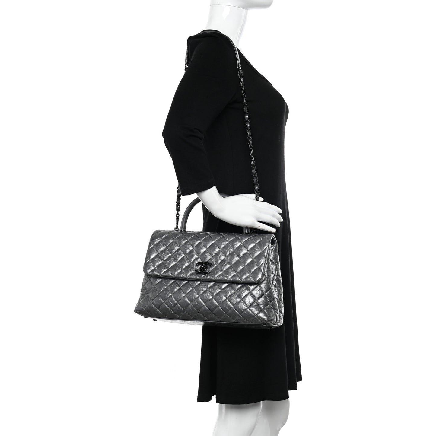 Metallic Aged Calfskin Quilted Medium Coco Handle Flap Charcoal