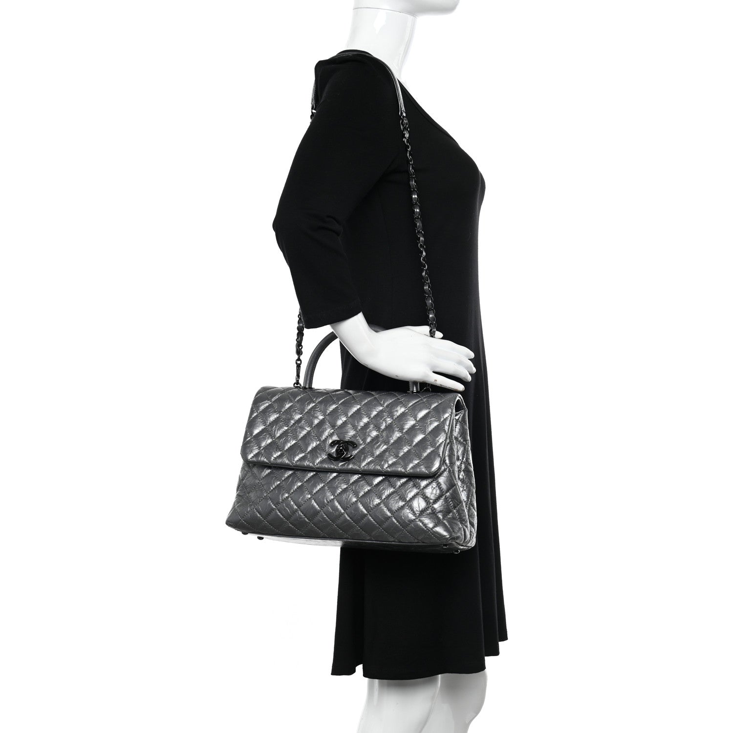 Chanel Metallic Aged Calfskin Quilted Medium Coco Handle Flap Charcoal 2 of 11