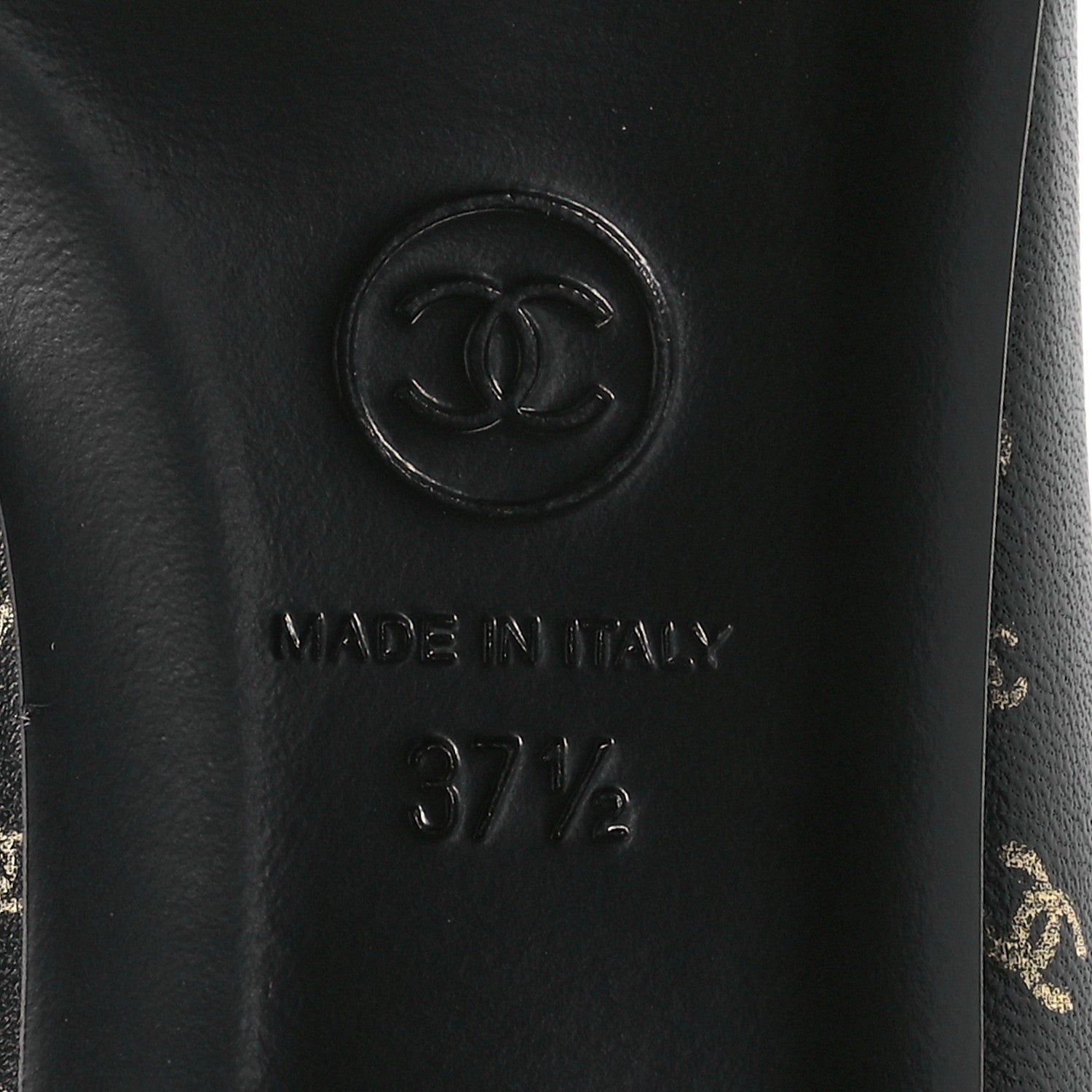 Chanel Lambskin Patent Calfskin Printed CC Cap Toe Ballerina Flats 37.5 Black Gold 7 of 9