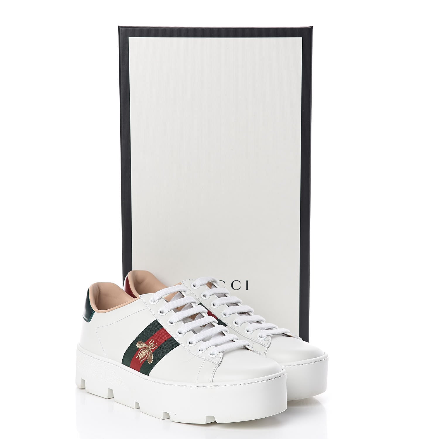 Gucci Calfskin Web Bee Embroidered Womens Ace Platform Sneakers 36 White 12 of 12