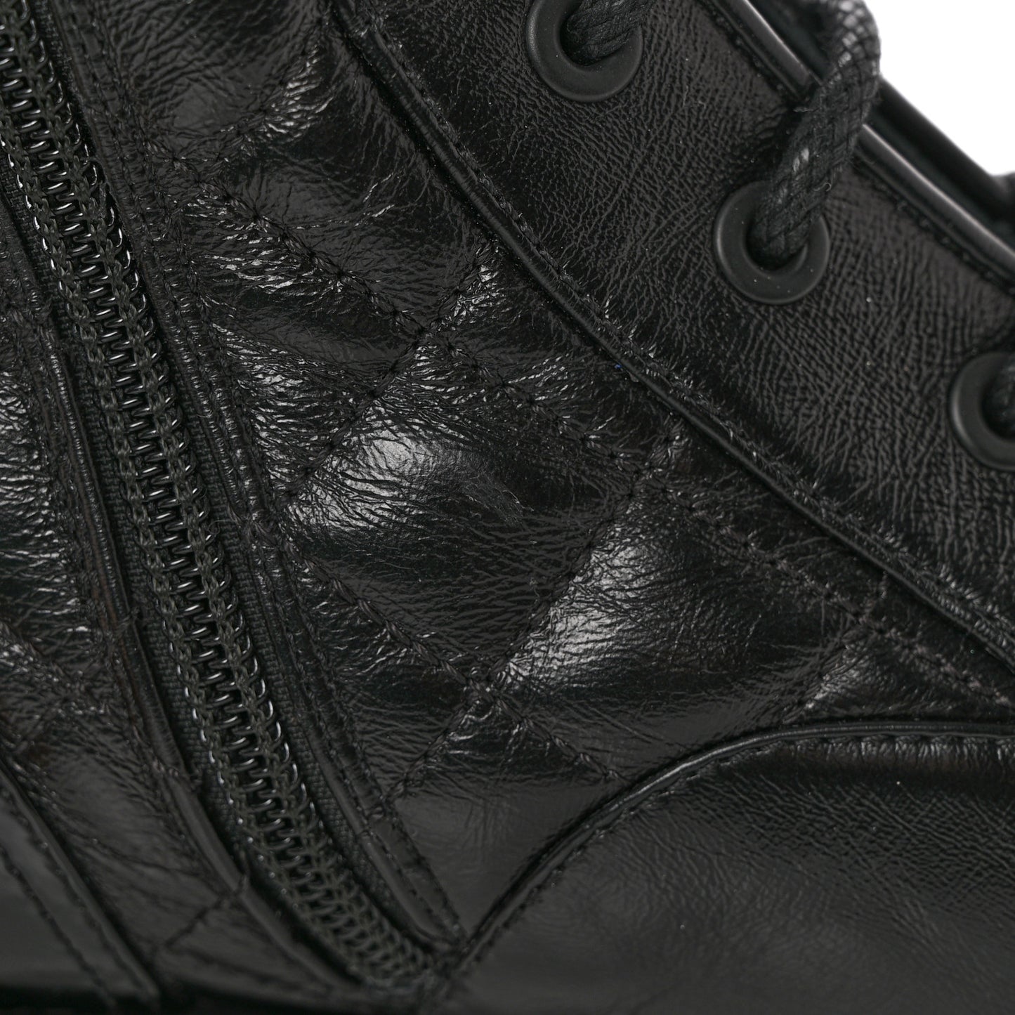 Shiny Calfskin Patent Quilted Chain Lace Up Combat Boots 37 Black