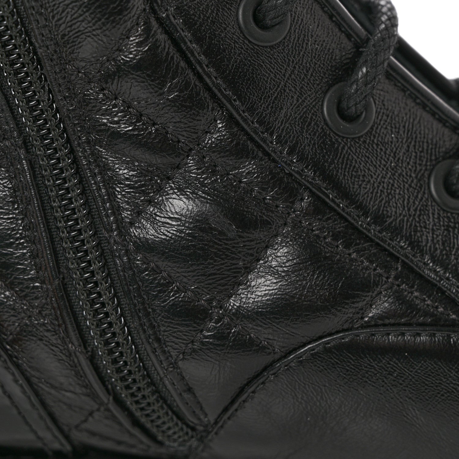 Chanel Shiny Calfskin Patent Quilted Chain Lace Up Combat Boots 37 Black 10 of 15