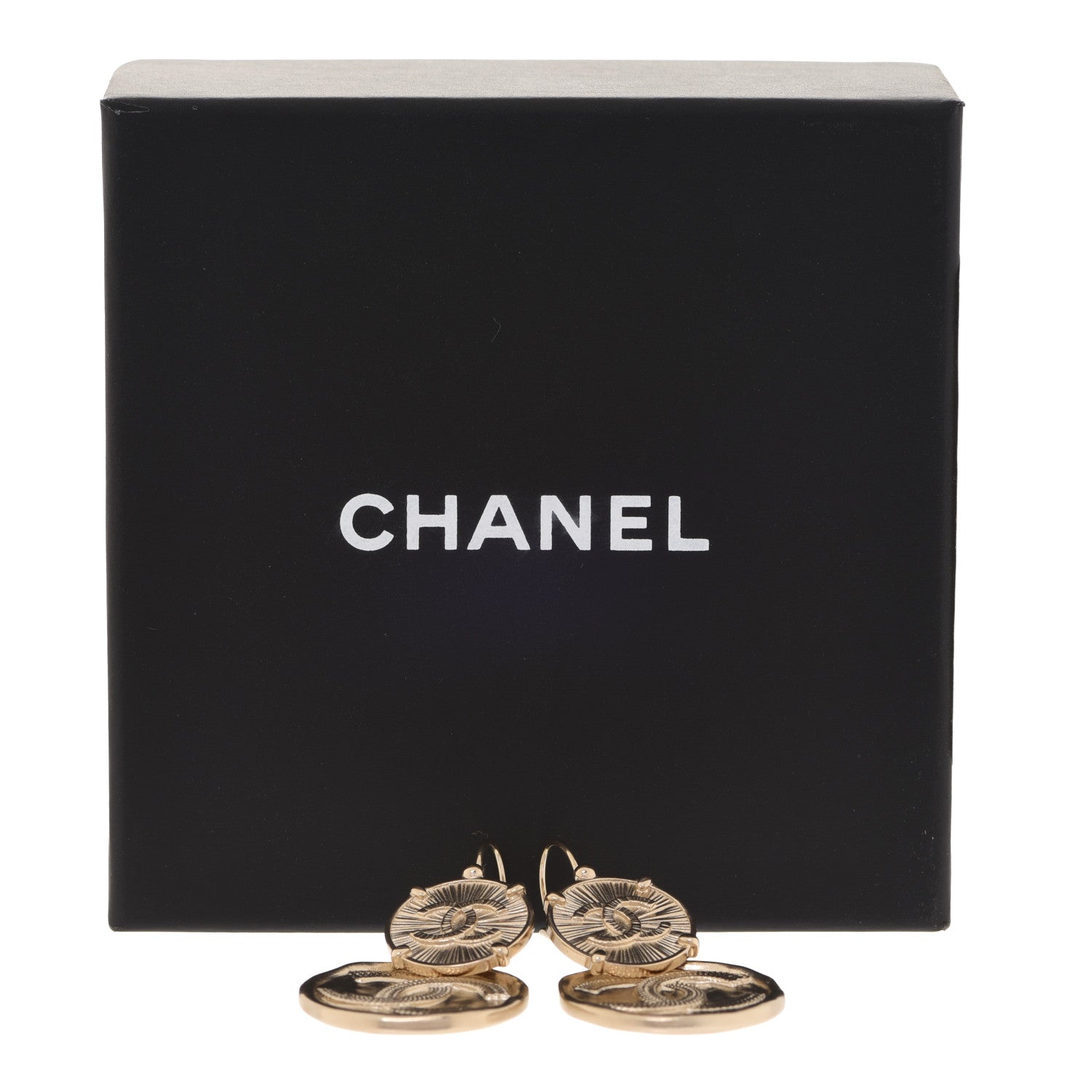 Chanel Metal Round CC Medallion Drop Earrings Gold 5 of 5