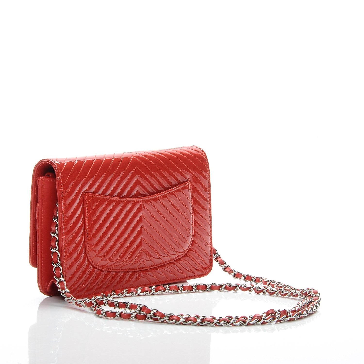 Chanel Patent Calfskin Chevron Quilted Wallet On Chain WOC Red 3 of 8
