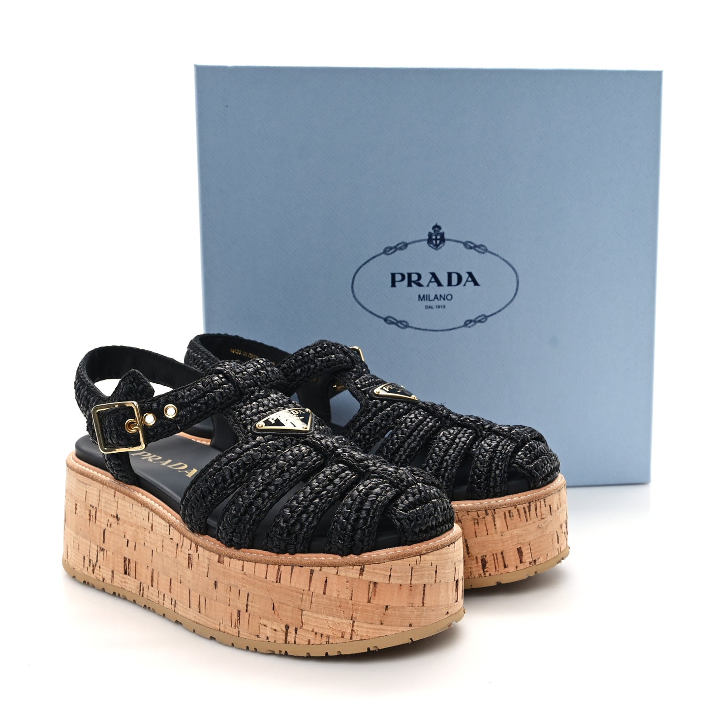 Raffia Cork Metal Triangle Logo Crochet Fisherman Platform 75mm Sandals 39 Black