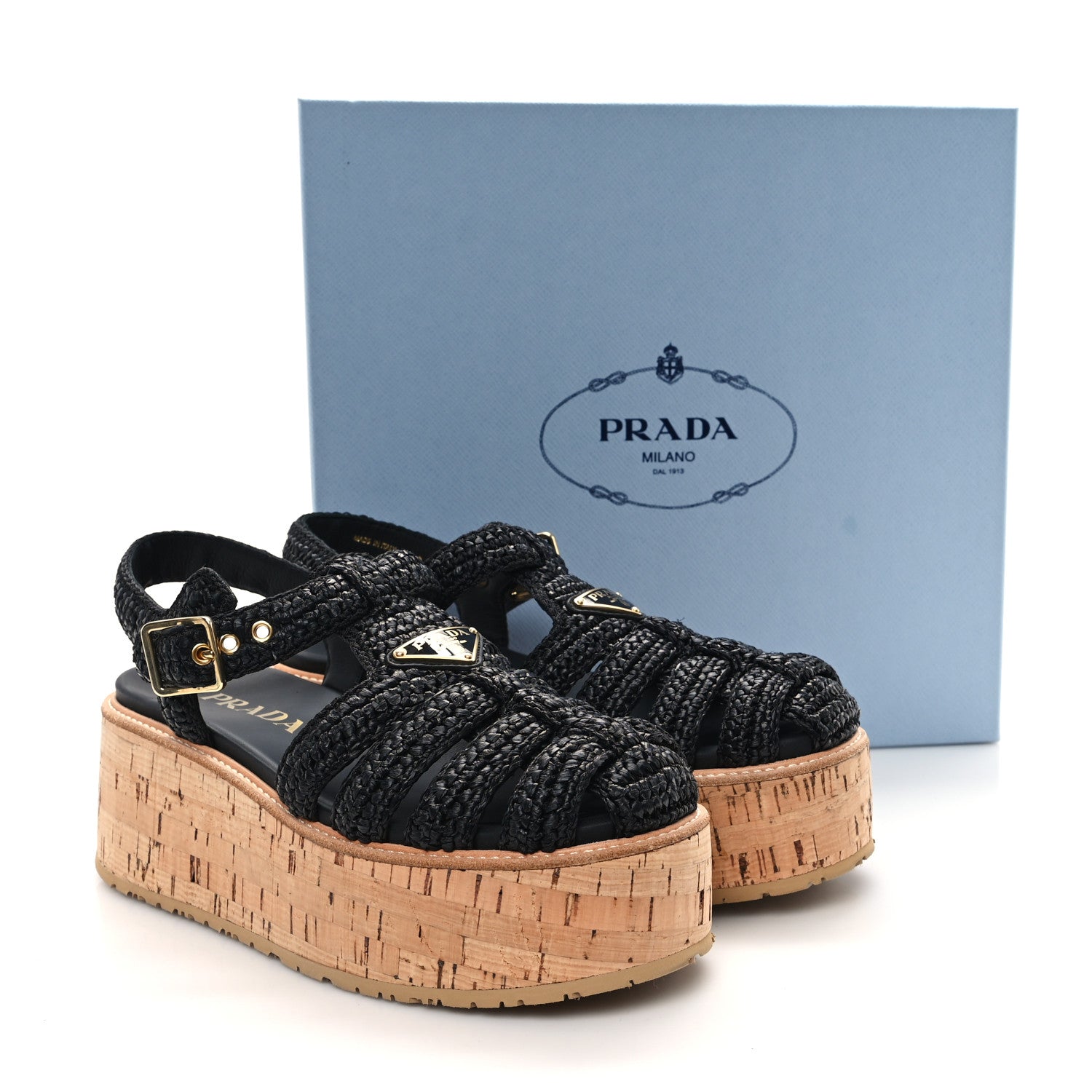 Prada Raffia Cork Metal Triangle Logo Crochet Fisherman Platform 75mm Sandals 39 Black 10 of 10