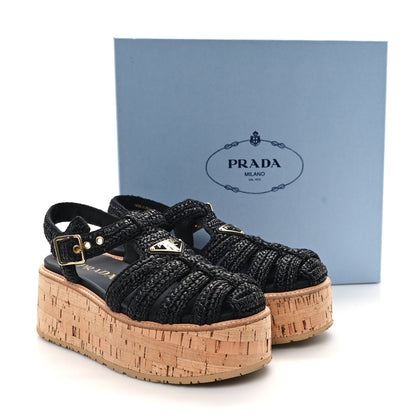 Prada Raffia Cork Metal Triangle Logo Crochet Fisherman Platform 75mm Sandals 39 Black 10 of 10