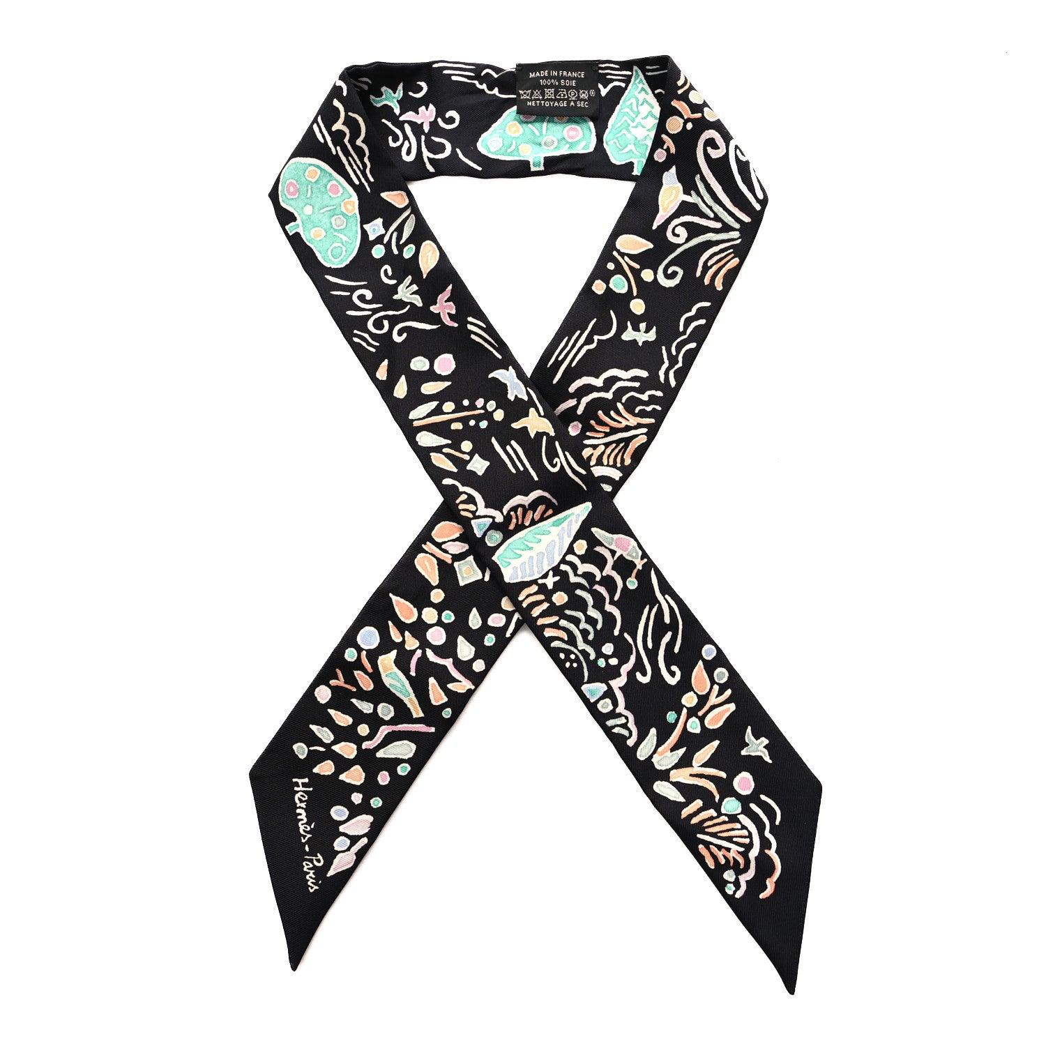 Hermes Silk Isola Di Primavera Twilly Black Vert Rose 1 of 5