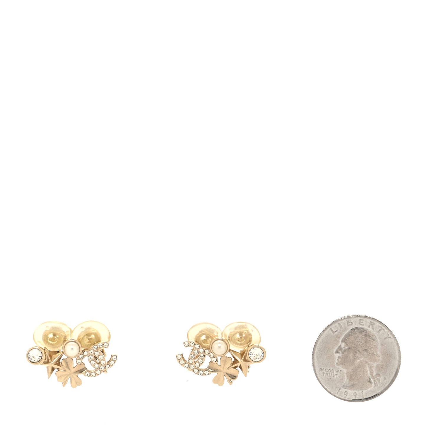 Crystal Pearl CC Star Clover Clip On Earrings Gold Pearly White