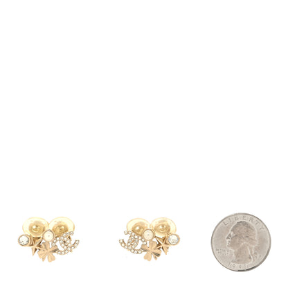 Chanel Crystal Pearl CC Star Clover Clip On Earrings Gold Pearly White 2 of 4