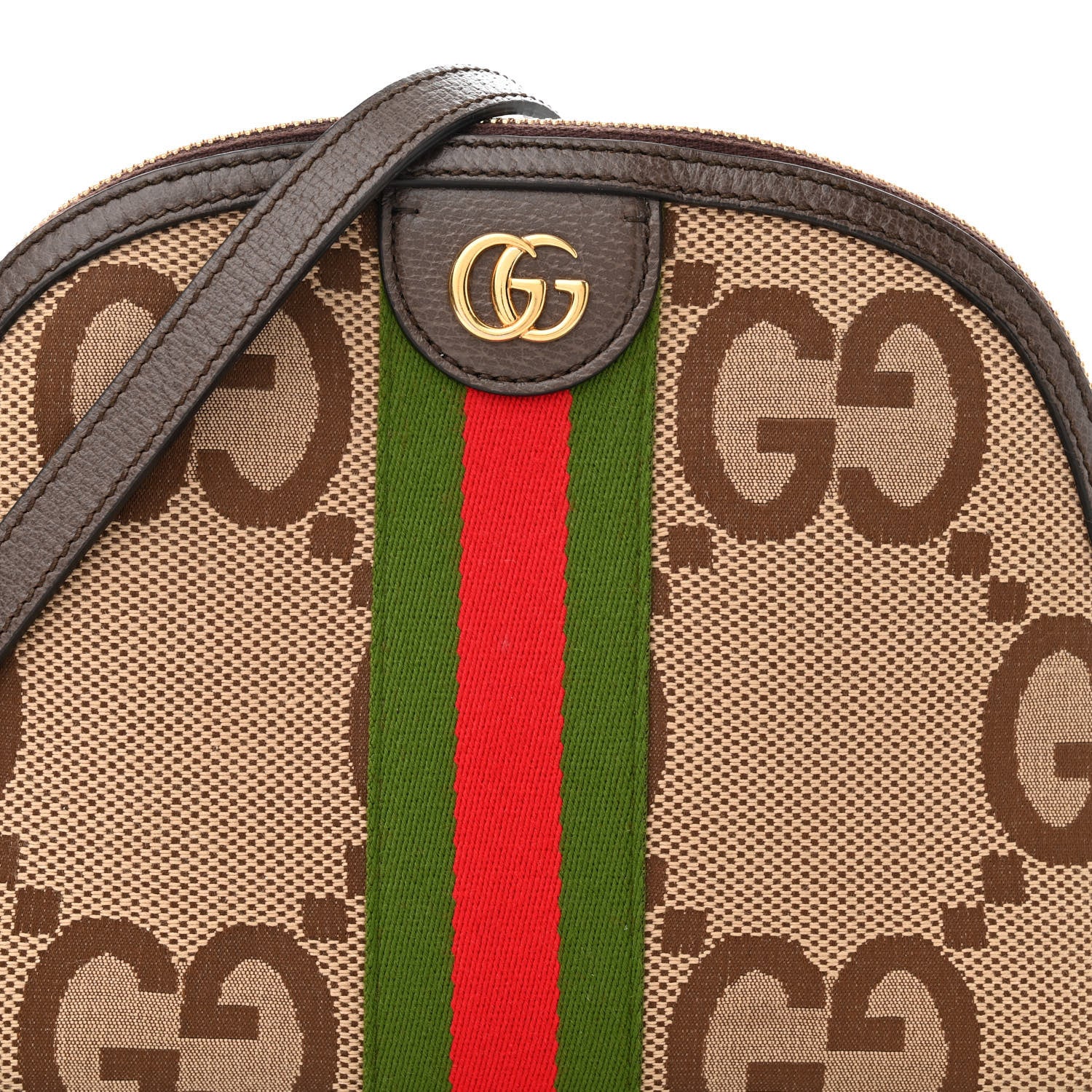 Gucci Monogram Jumbo GG Textured Dollar Calfskin Web Small Ophidia Dome Shoulder Bag Camel Ebony New Acero 7 of 12