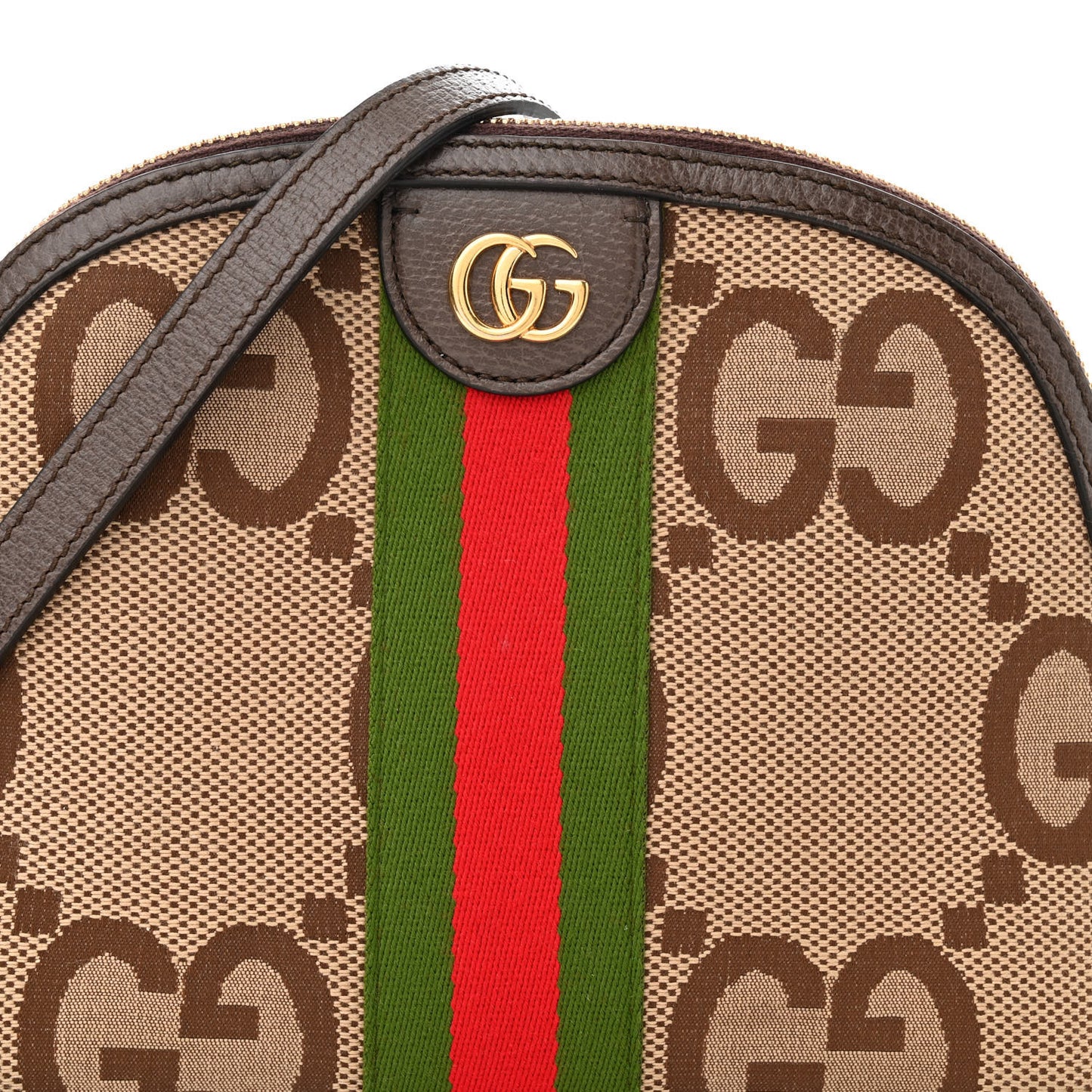 Monogram Jumbo GG Textured Dollar Calfskin Web Small Ophidia Dome Shoulder Bag Camel Ebony New Acero