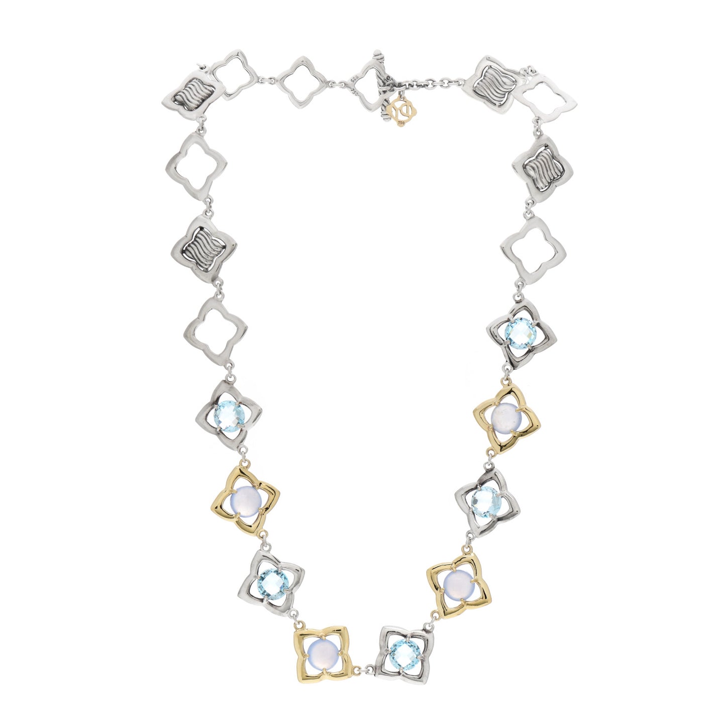 Sterling Silver 18K Yellow Gold Chalcedony Blue Topaz Quatrefoil Necklace