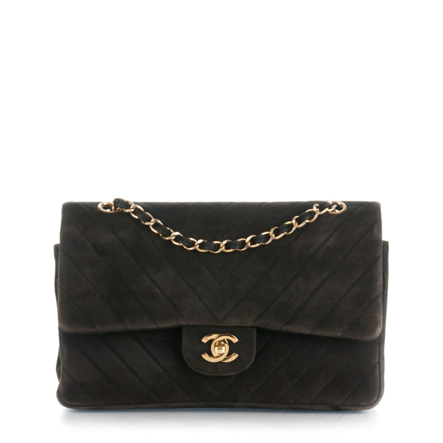 Suede Chevron Medium Double Flap Bag Black