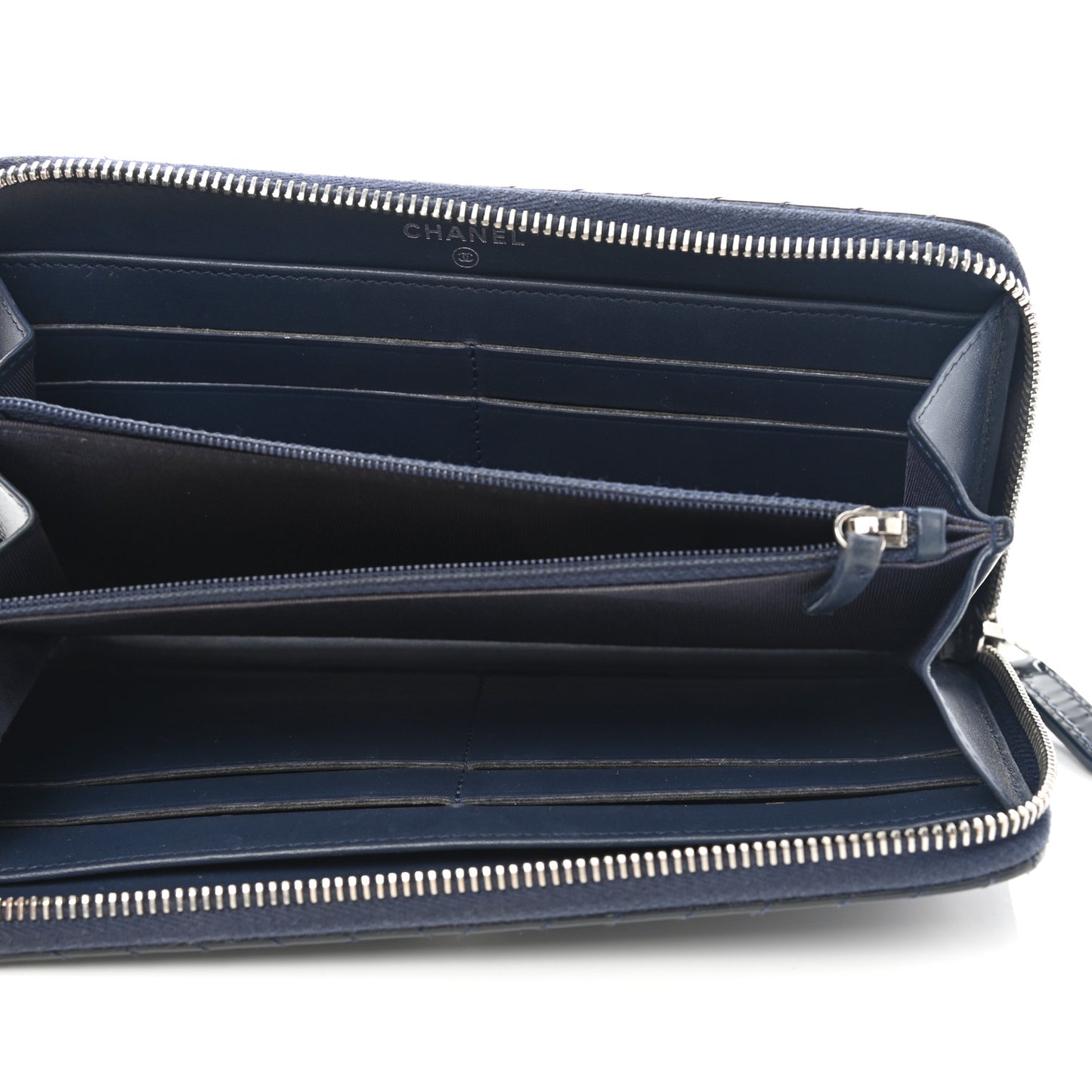 Patent Chevron Zip Around Wallet Blue