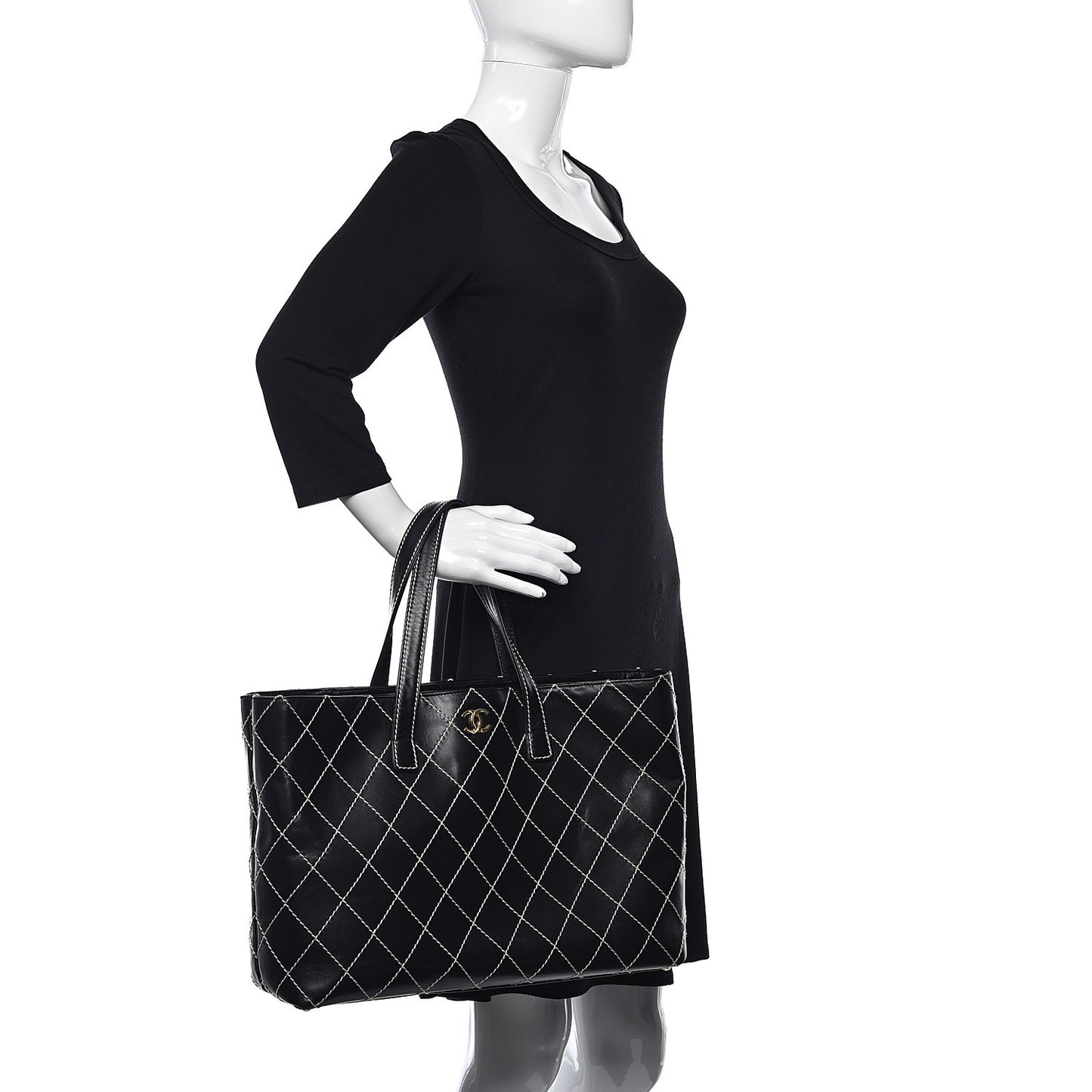Calfskin Contrast Stitch Surpique Tote Black