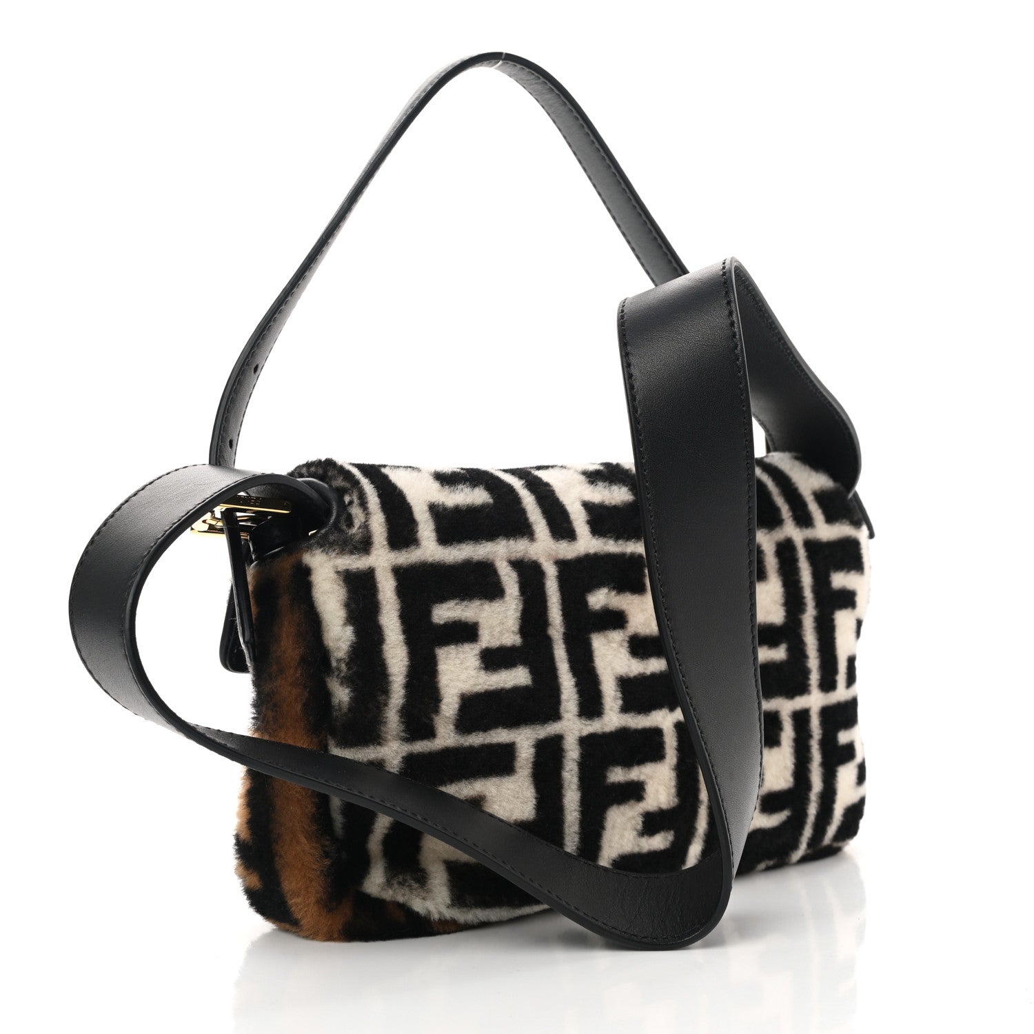 Fendi Shearling Vitello Dolce Macro FF 1974 Baguette White Ice Tortora Tobacco 3 of 8