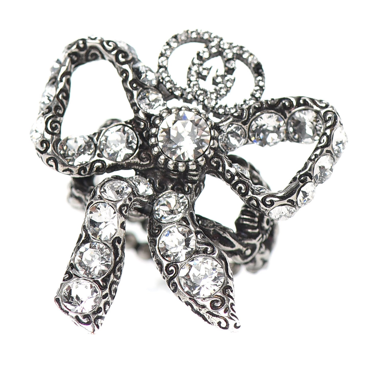 Metal Crystal Bow Ring 6 Aged Silver