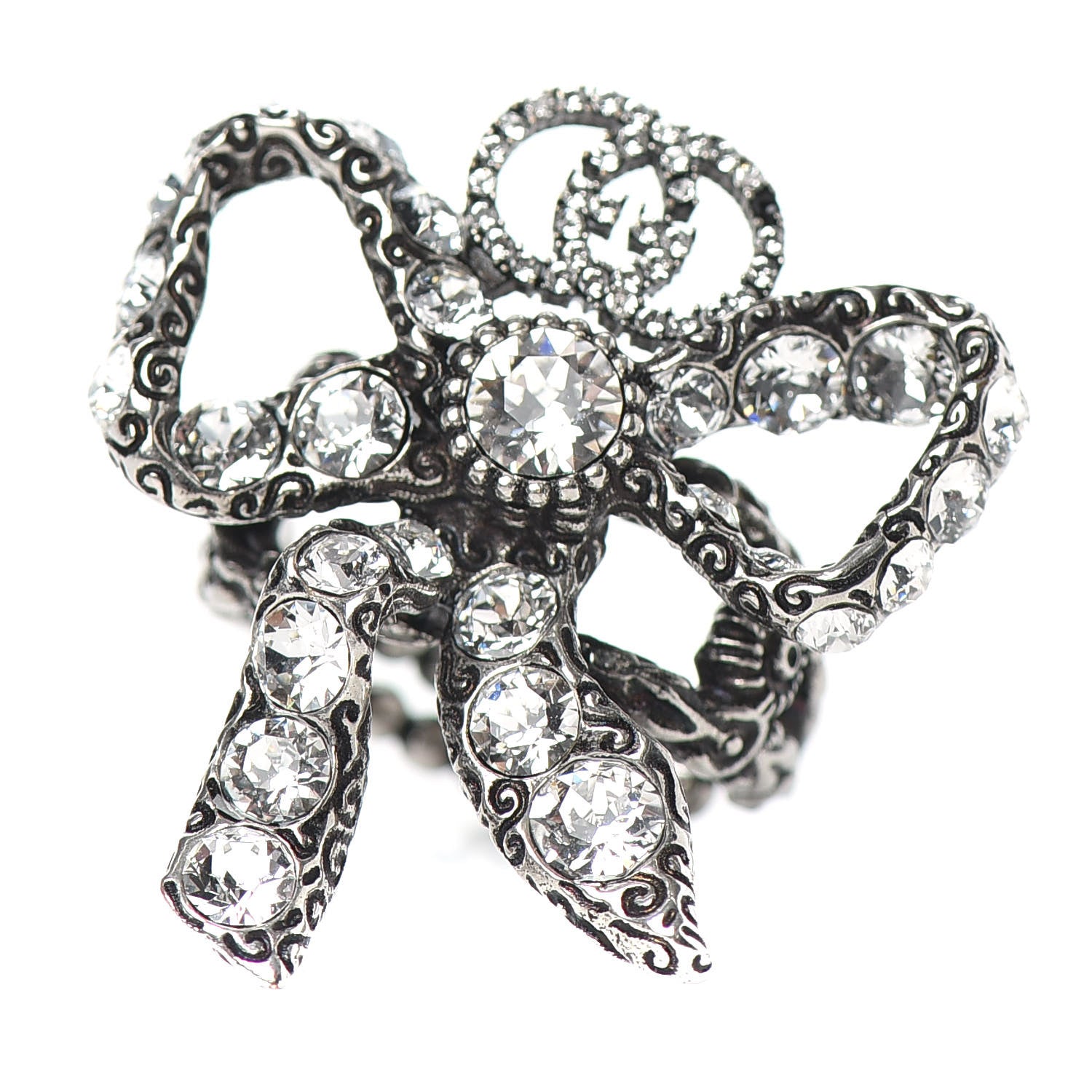Gucci Metal Crystal Bow Ring 6 Aged Silver 1 of 6