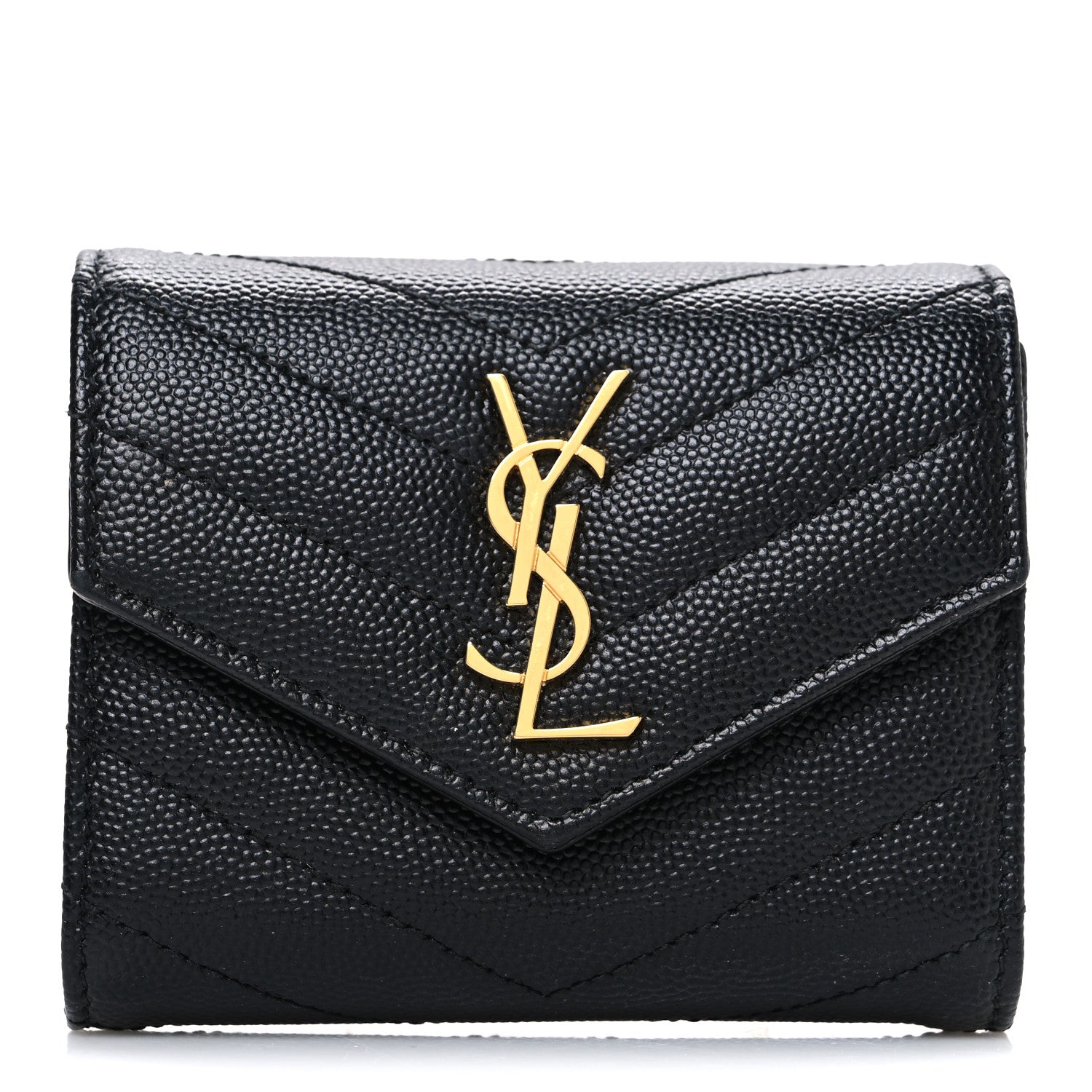 Saint Laurent Grain De Poudre Matelasse Chevron Monogram Compact Tri Fold Wallet Black 1 of 6