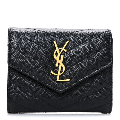 Saint Laurent Grain De Poudre Matelasse Chevron Monogram Compact Tri Fold Wallet Black 1 of 6