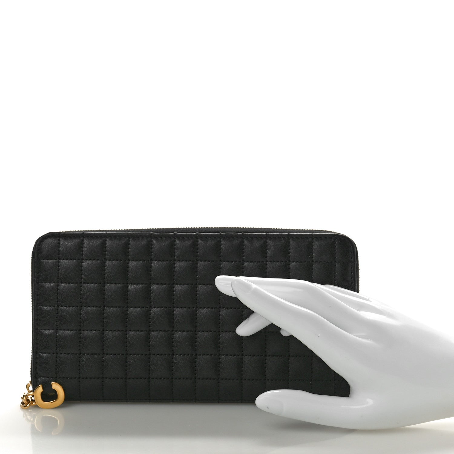 Celine Lambskin Quilted Large C Charm Zip Around Wallet Black 2 of 8
