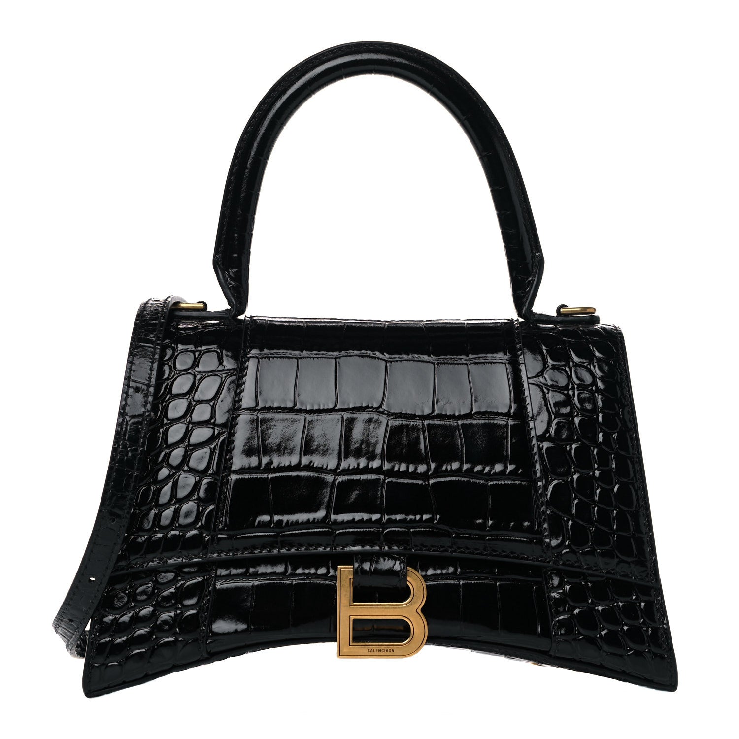Balenciaga Shiny Calfskin Crocodile Embossed Small Hourglass Top Handle Bag Black 1 of 14