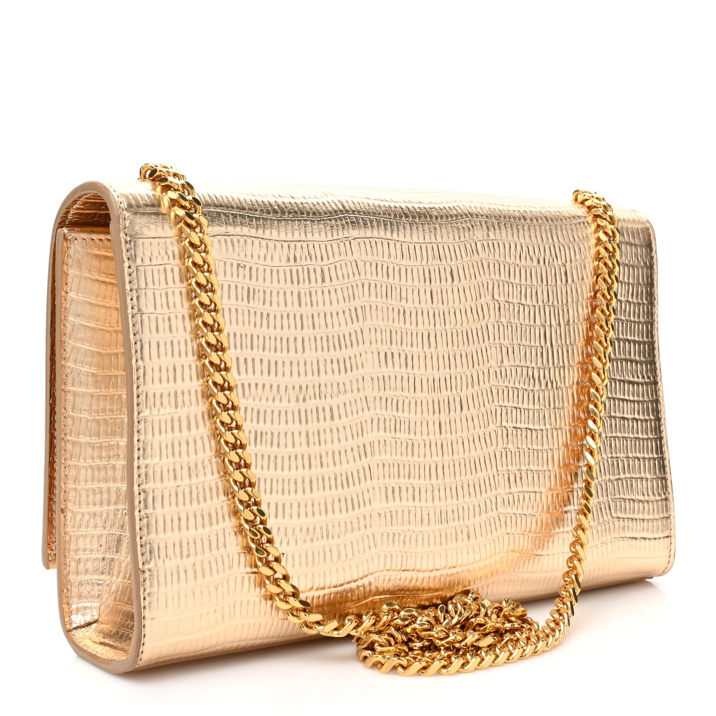Metallic Calfskin Crocodile Embossed Medium Classic Monogram Kate Tassel Satchel Gold