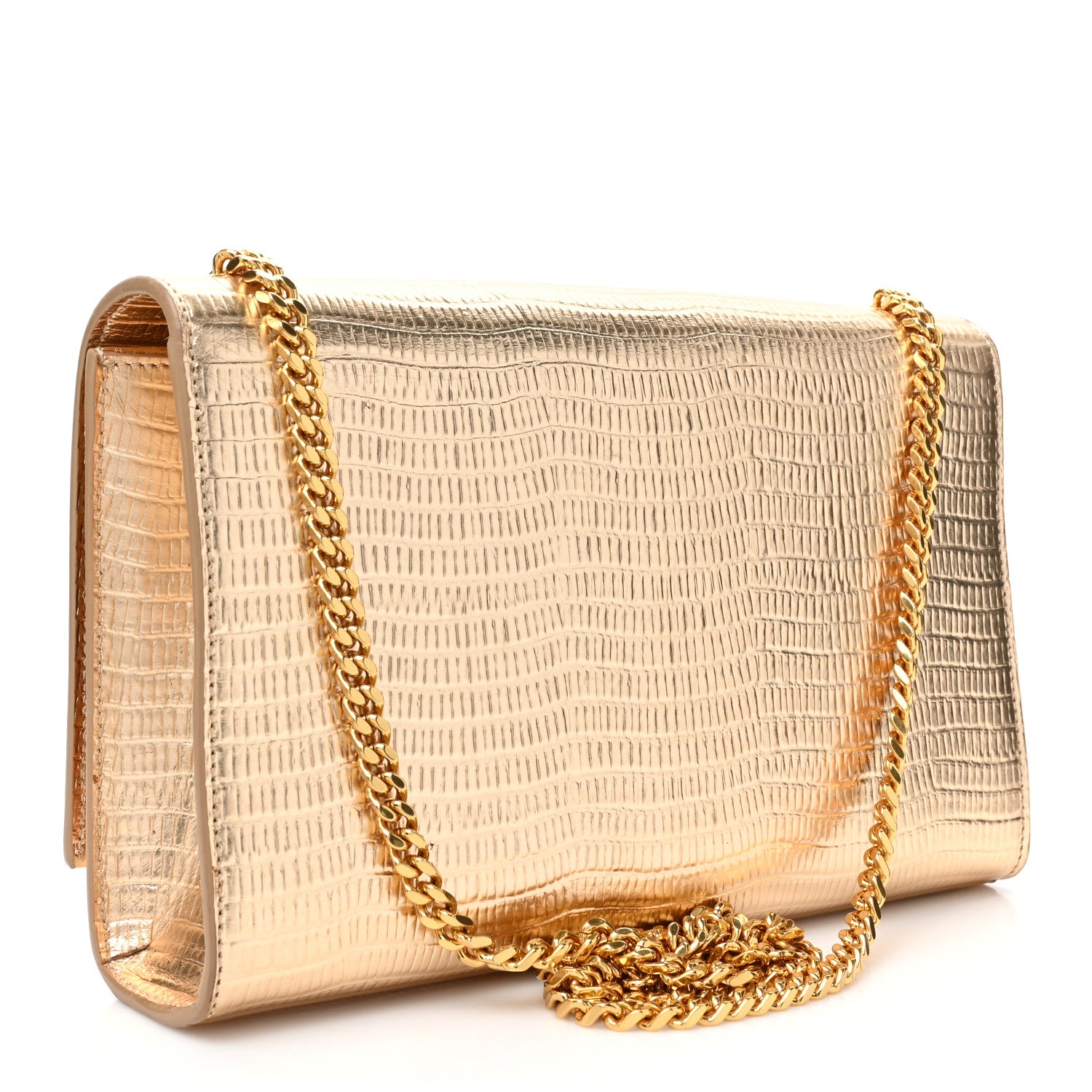Saint Laurent Metallic Calfskin Crocodile Embossed Medium Classic Monogram Kate Tassel Satchel Gold 3 of 12