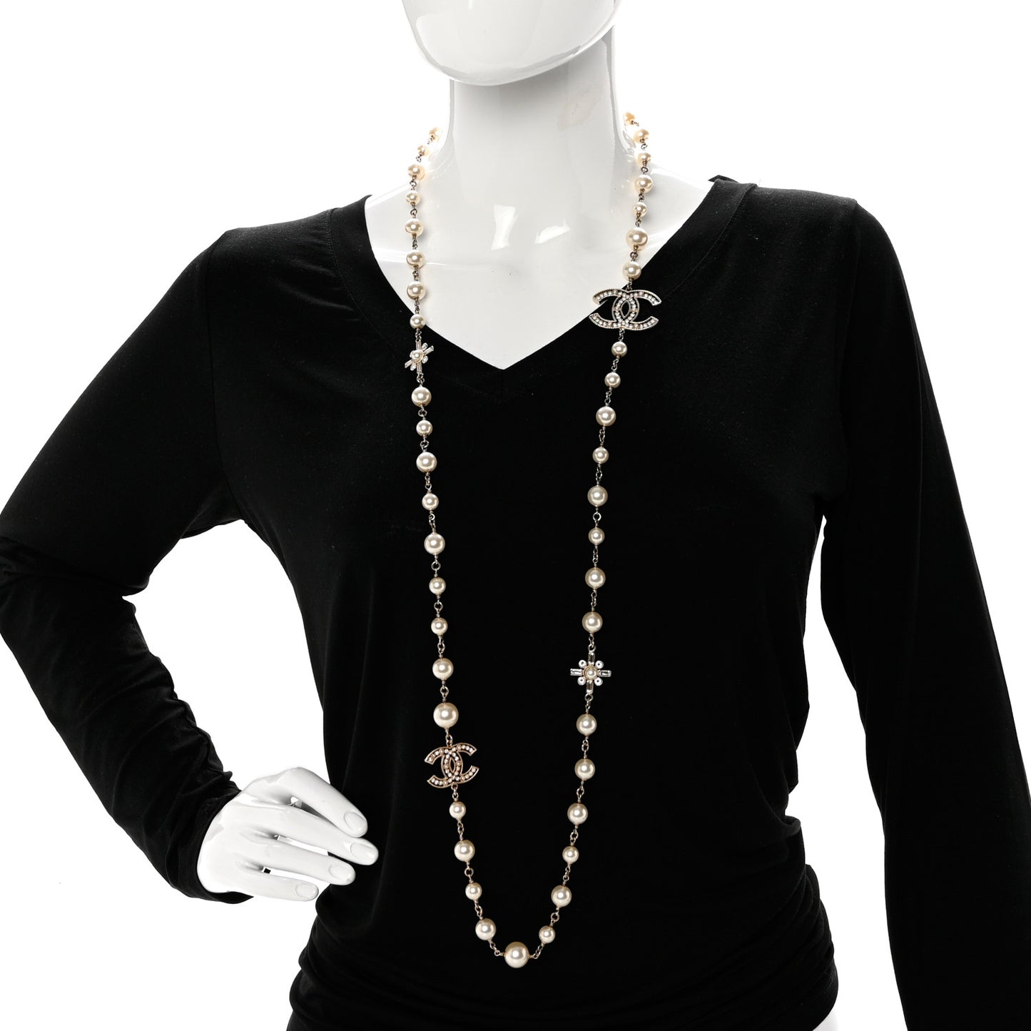 Crystal Baguette Pearl CC Cross Necklace Gold