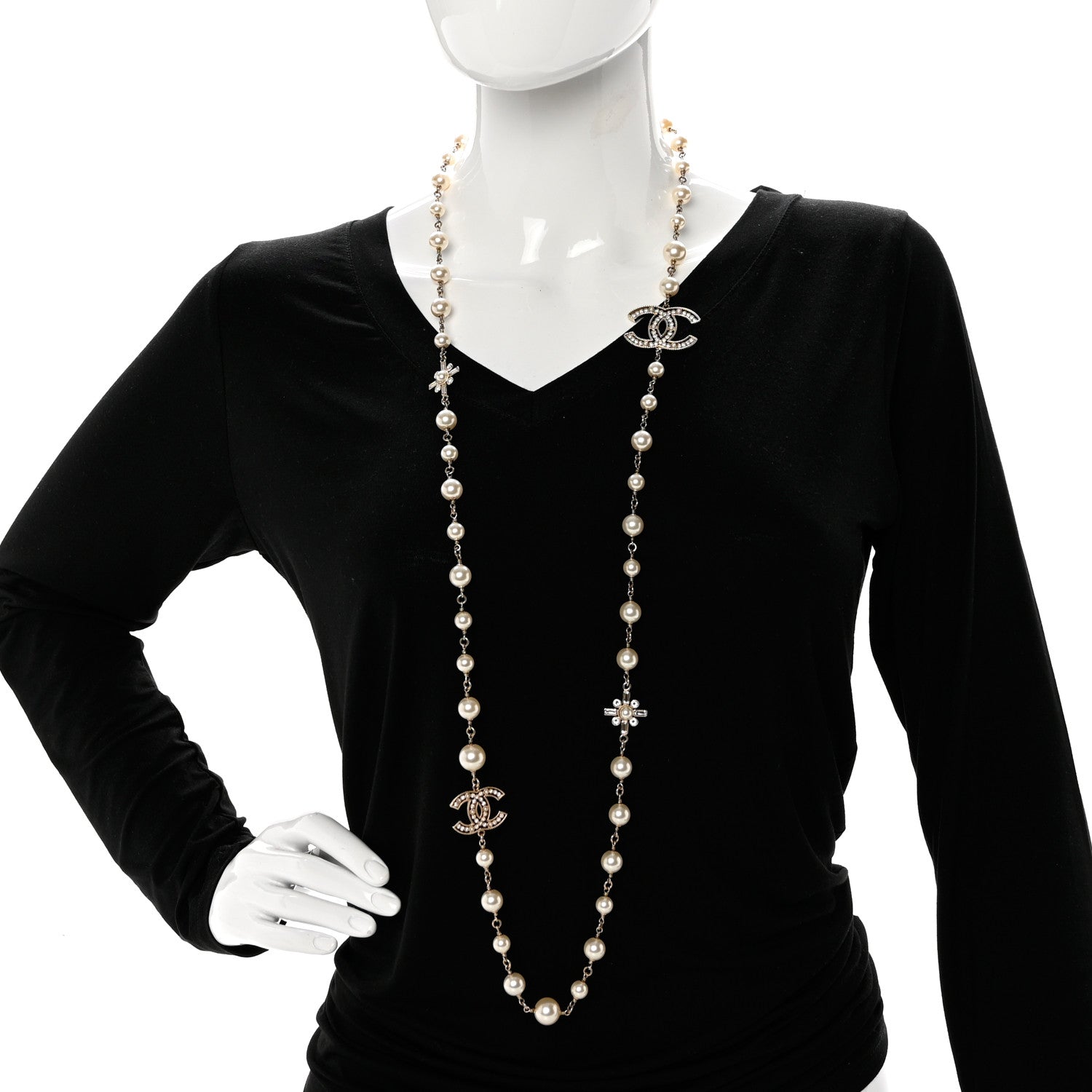 Chanel Crystal Baguette Pearl CC Cross Necklace Gold 2 of 4