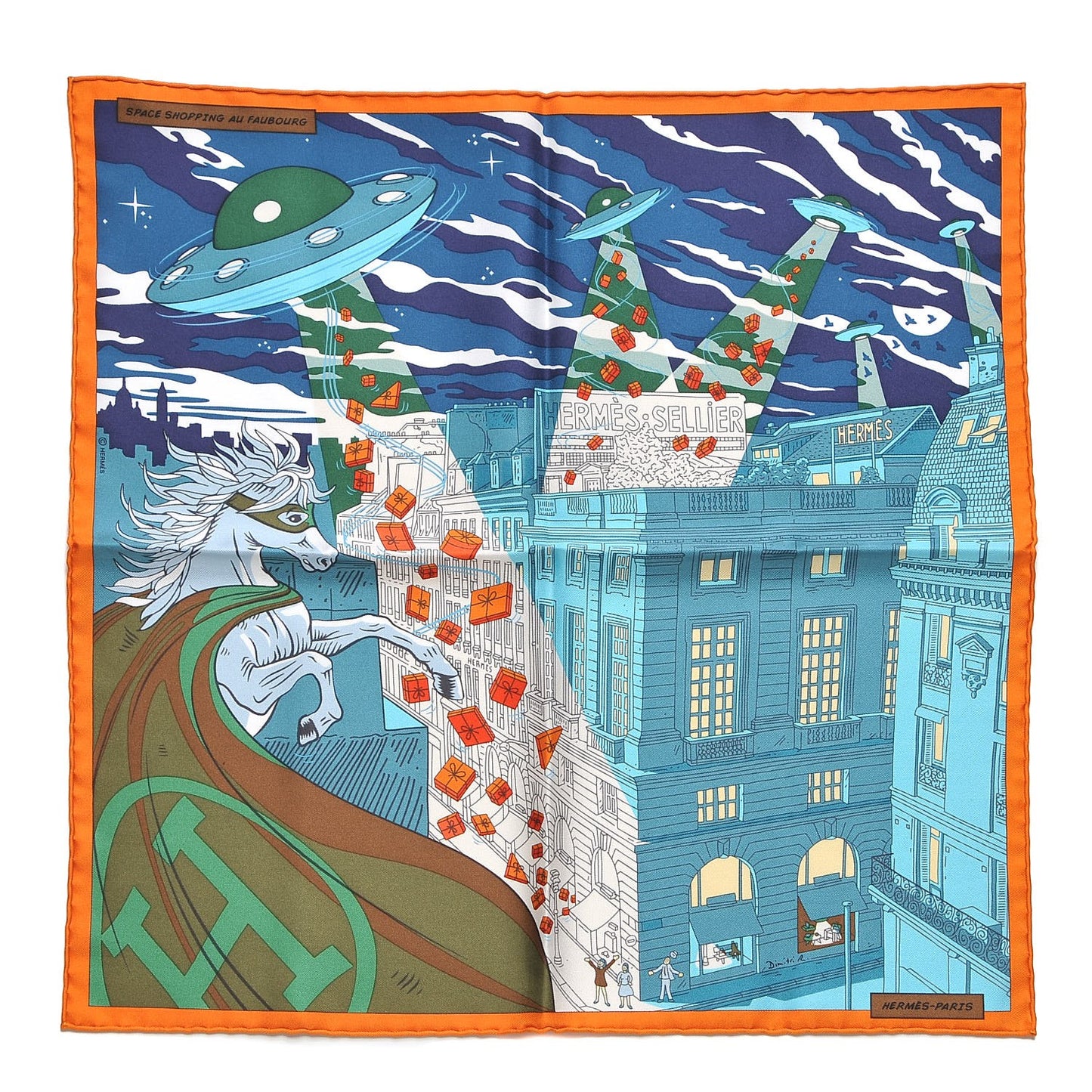Silk Space Shopping Au Faubourg Pocket Square Bleu Orange Vert