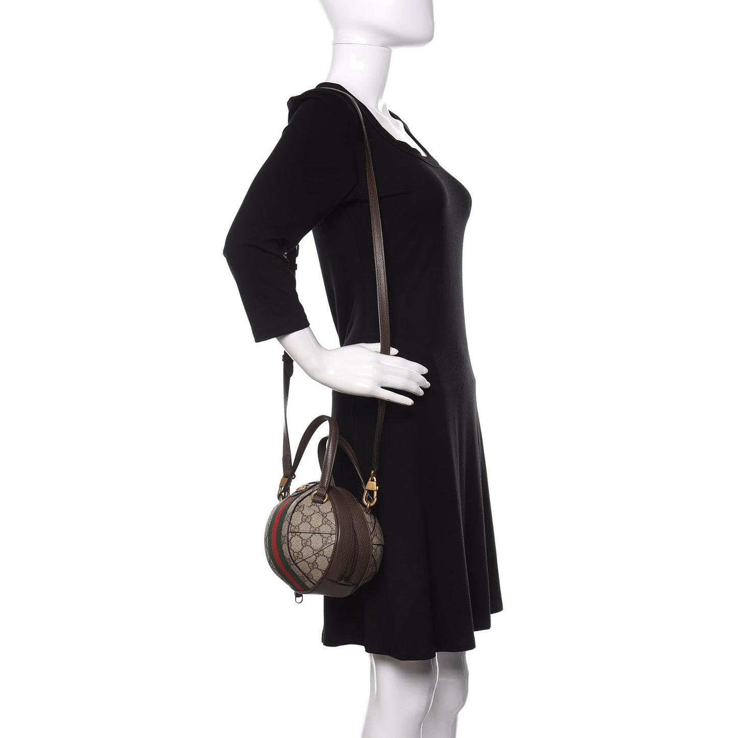 GG Supreme Monogram Textured Dollar Calfskin Web Mini Ophidia Basketball Shaped Shoulder Bag Beige Ebony New Acero