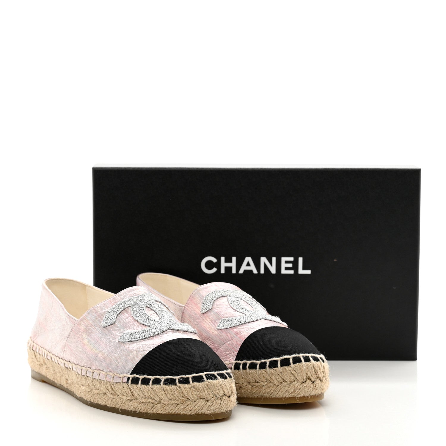 Chanel Laminated Lambskin Grosgrain Embroidered CC Espadrilles 38 Pink Silver Black 9 of 9