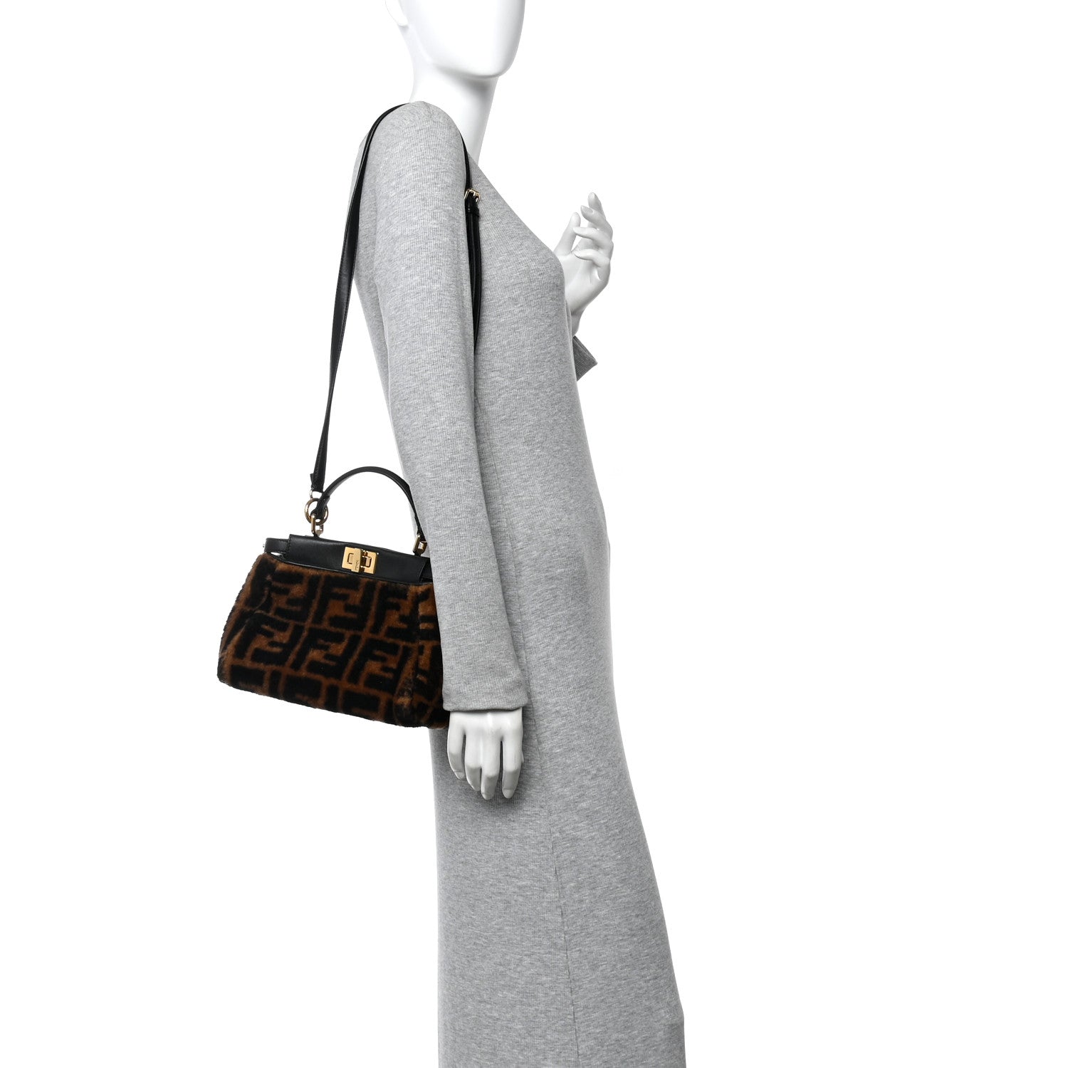 Fendi Shearling Nappa Macro FF 1974 Mini Peekaboo Iconic Satchel Tobacco Black 2 of 11