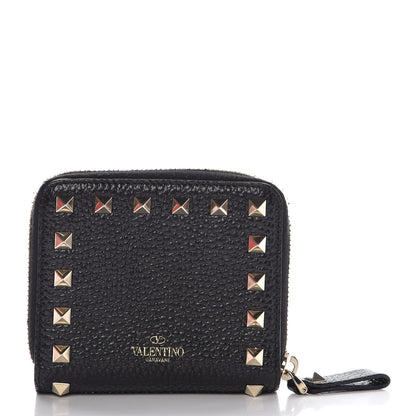 Valentino Garavani Pebbled Calfskin Rockstud Compact Zip Around Wallet Black 1 of 10