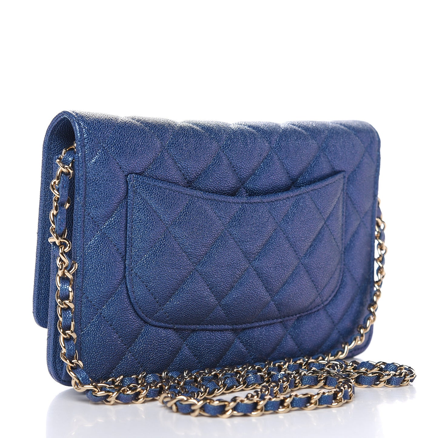 Iridescent Caviar Quilted Wallet On Chain WOC Dark Blue