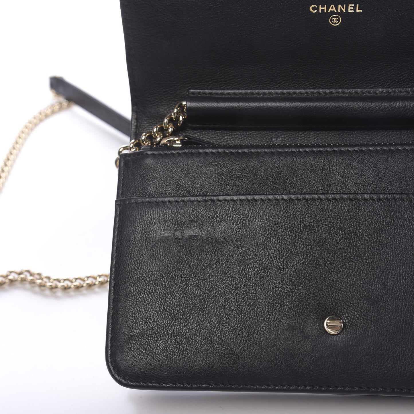 Grained Calfskin Quilted Label Click Flap Wallet On Chain WOC Black