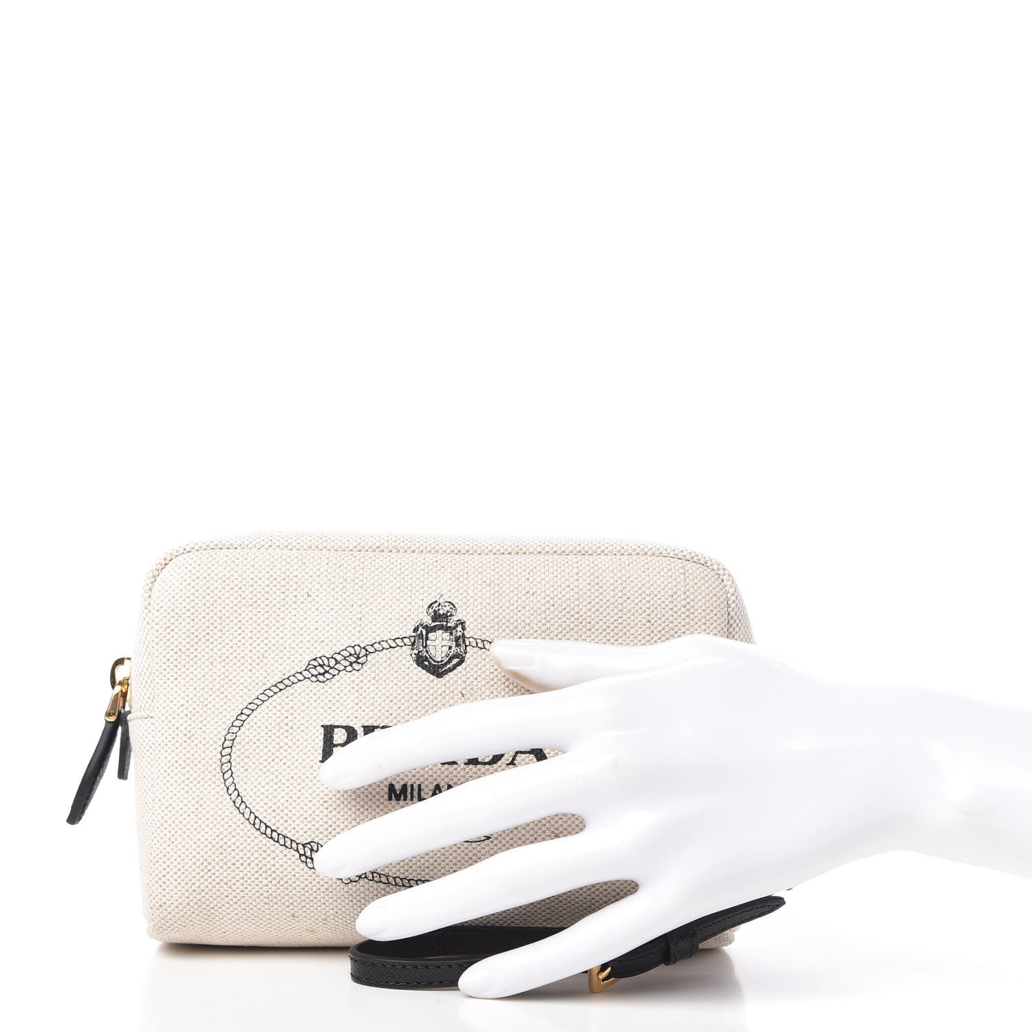 Prada Canvas Saffiano Necessaire Wristlet Pouch Naturale Black 2 of 10